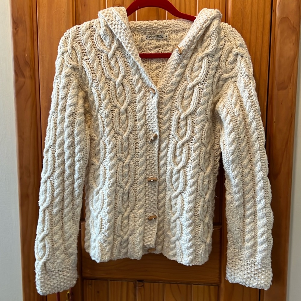Indigenous One Wear cream off white cable knit sweater with hood. - Picture 2 of 16
